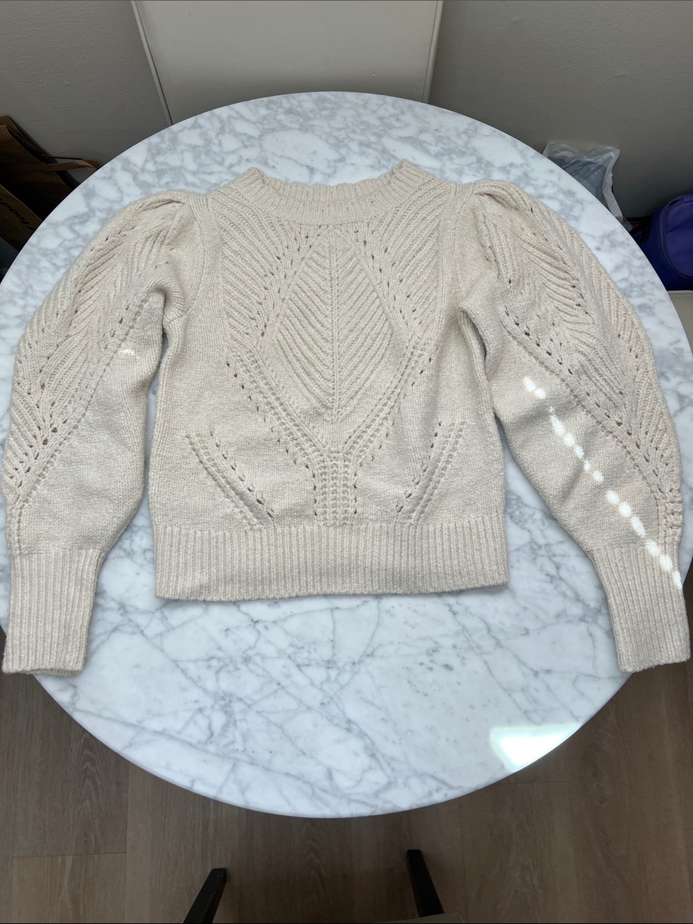 Anthropologie Scalloped Neck cream Puff-Sleeve Sweater - Women